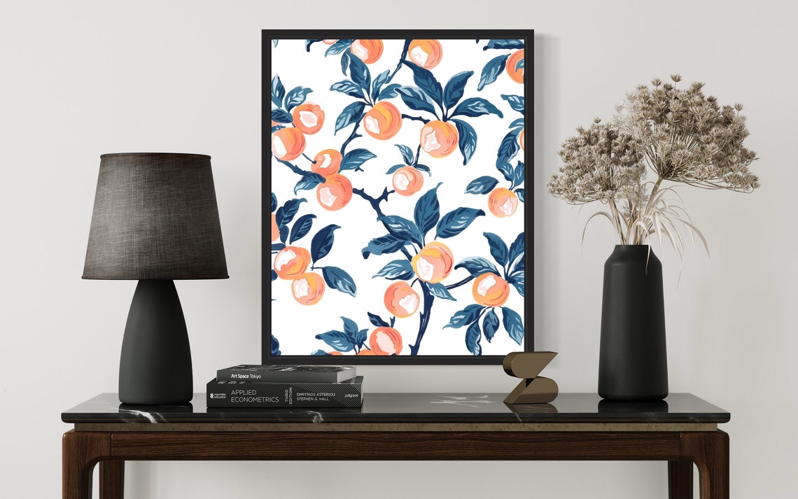 Peach Branch Pattern Coral Navy Illustrated Fruit Art Poster - Image 3