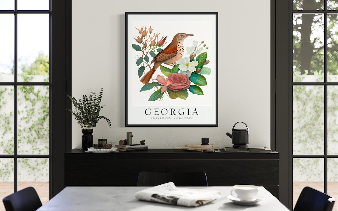 Georgia State Bird Art Print, State Flower Wall Art - Image 3