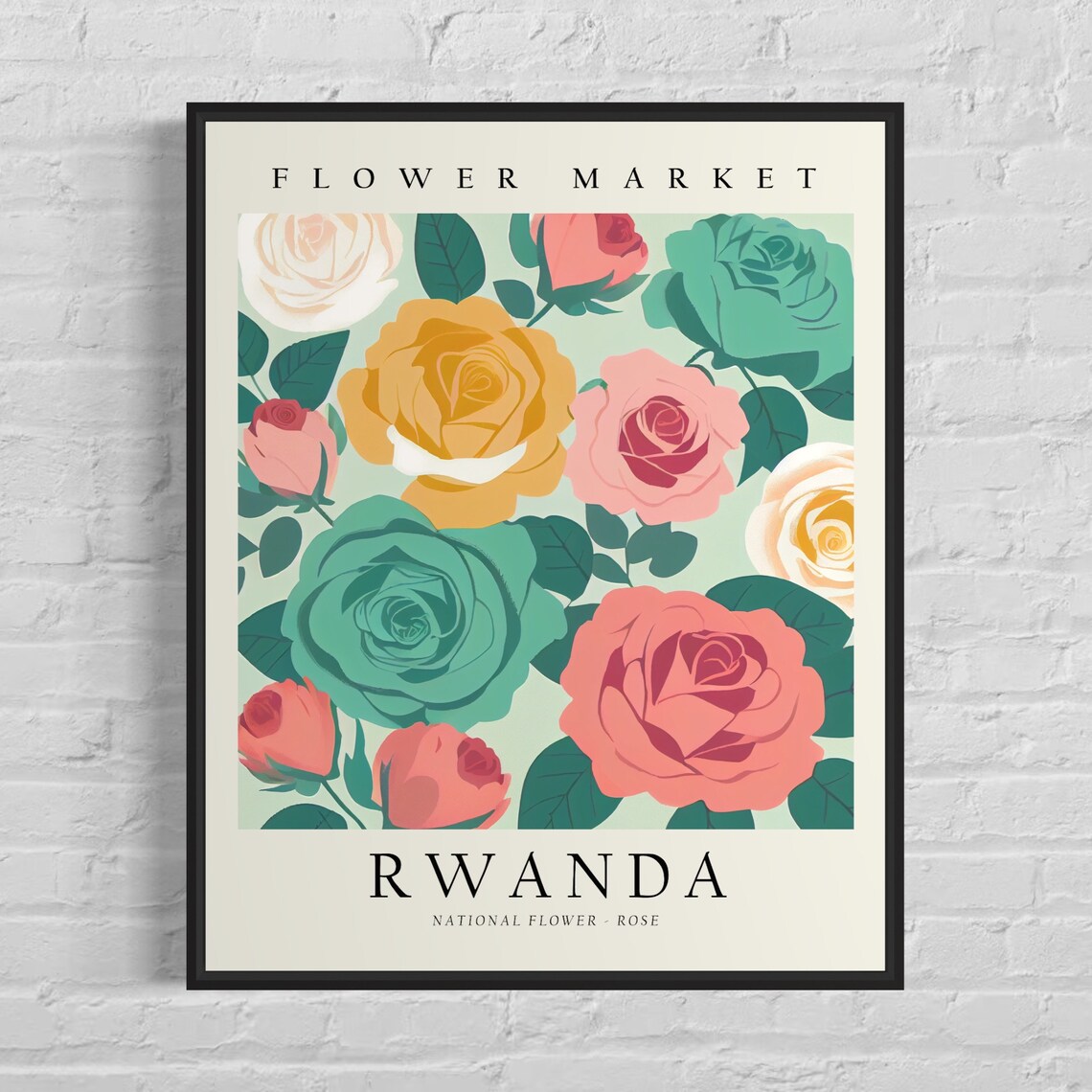 Rwanda Flower Market Colorful Rose Botanical Illustration Poster