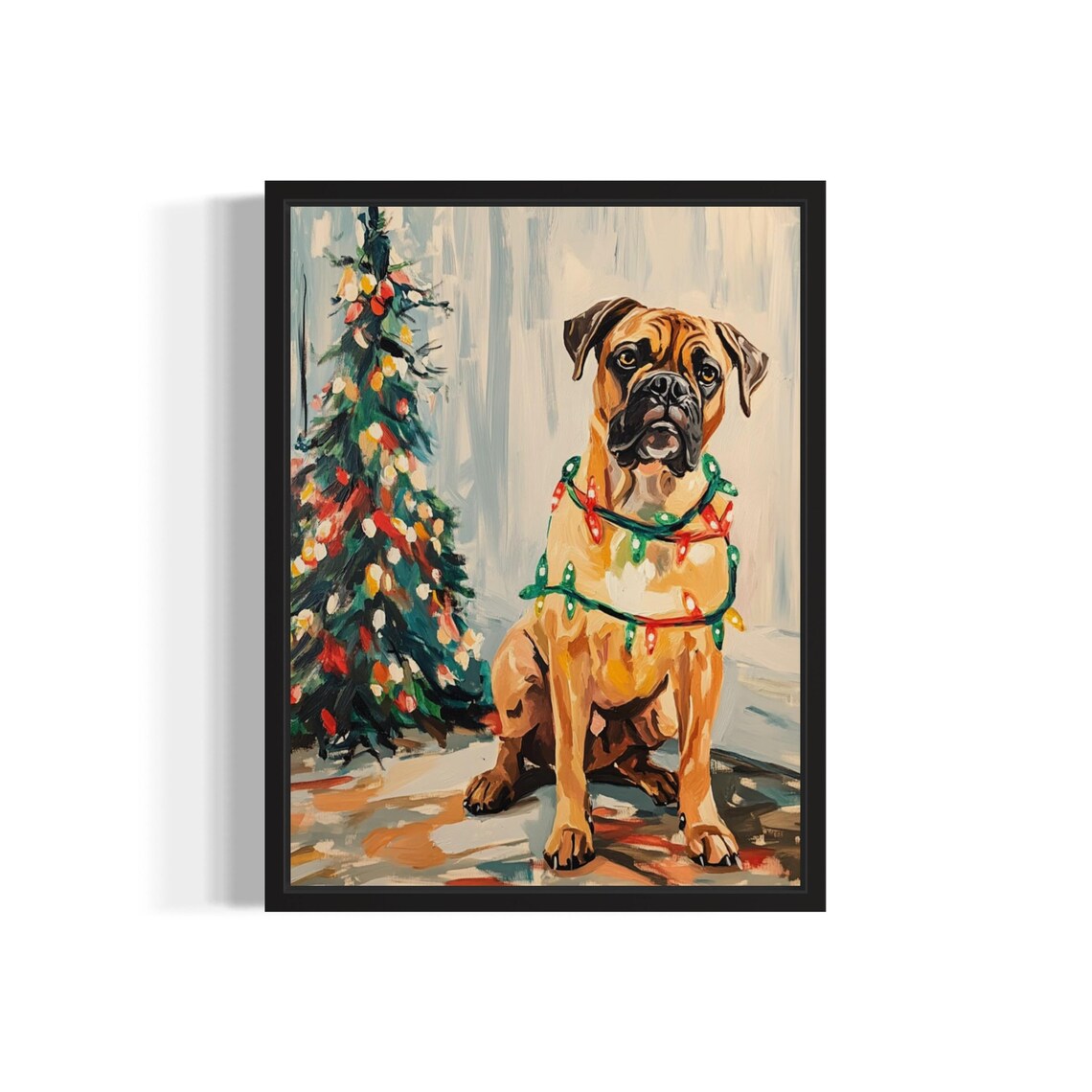 Bullmastiff Dog Wrapped in Red and Green Christmas Lights Poster