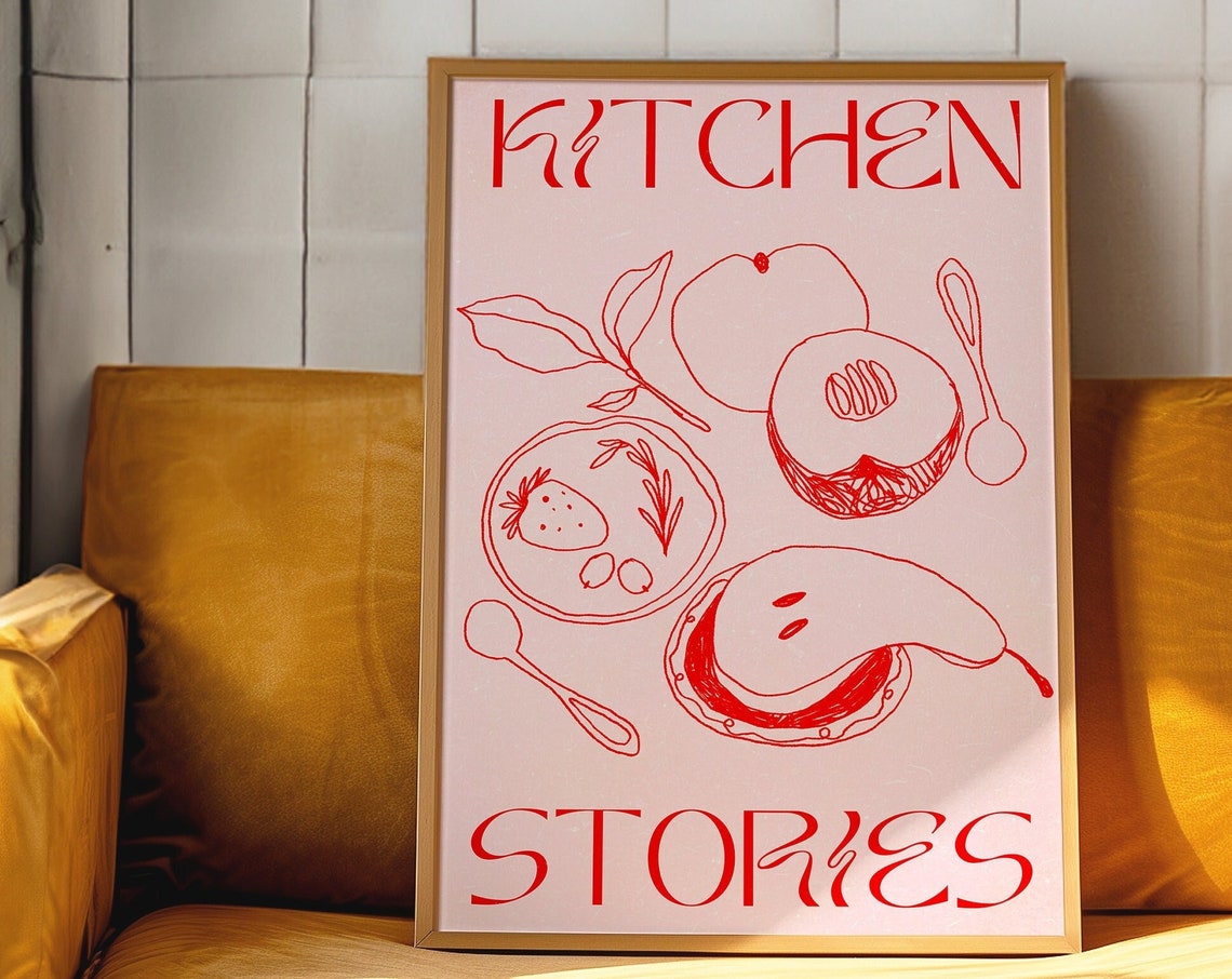 Kitchen Stories Red Line Art Fruit And Tableware Kitchen Poster