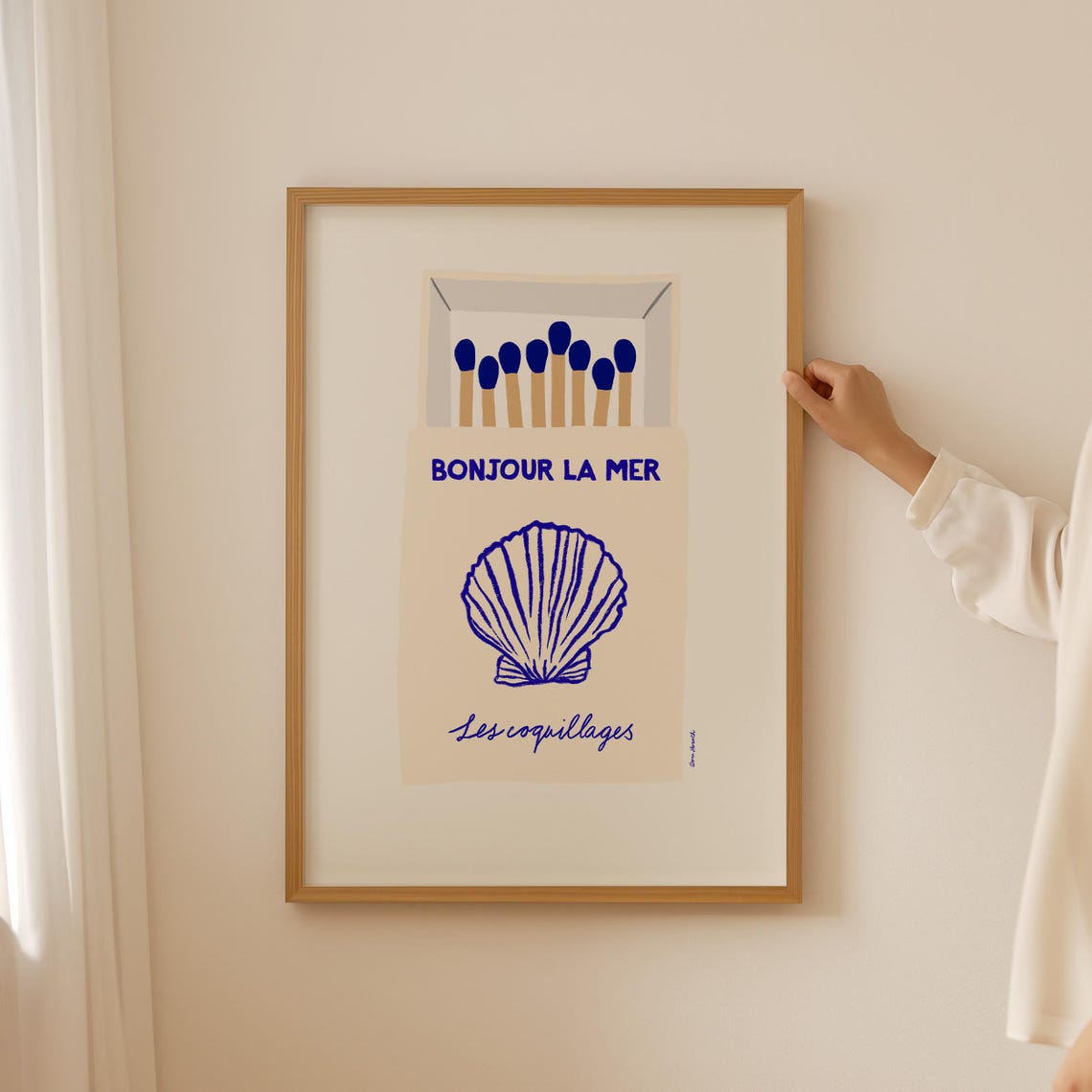 Bonjour La Mer Blue Coastal Matchbox Seashell Scallop Art Poster
