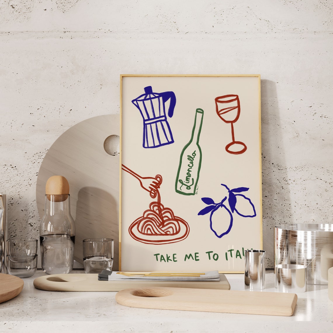 Take Me To Italy Pasta Limoncello Wine Hand Drawn Kitchen Poster - Image 4