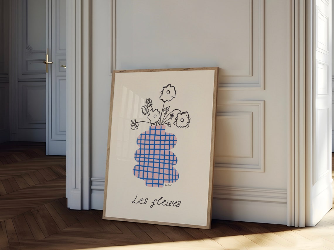 Elegant Les Fleurs Blue Gingham Vase French Floral Line Art Poster - Image 4