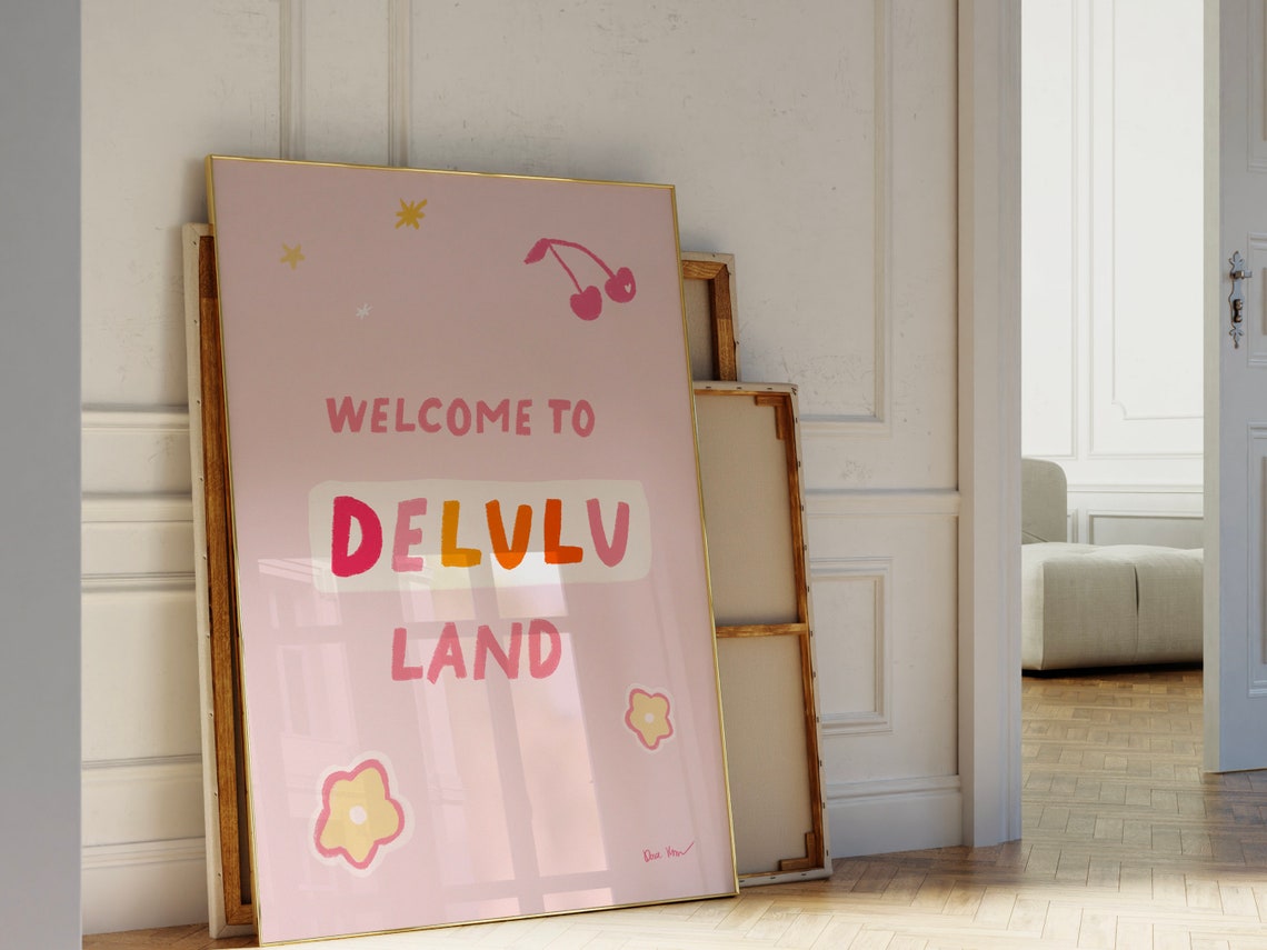 Welcome To Delulu Land Pink Cherry Retro Girly Fun Quote Poster - Image 4