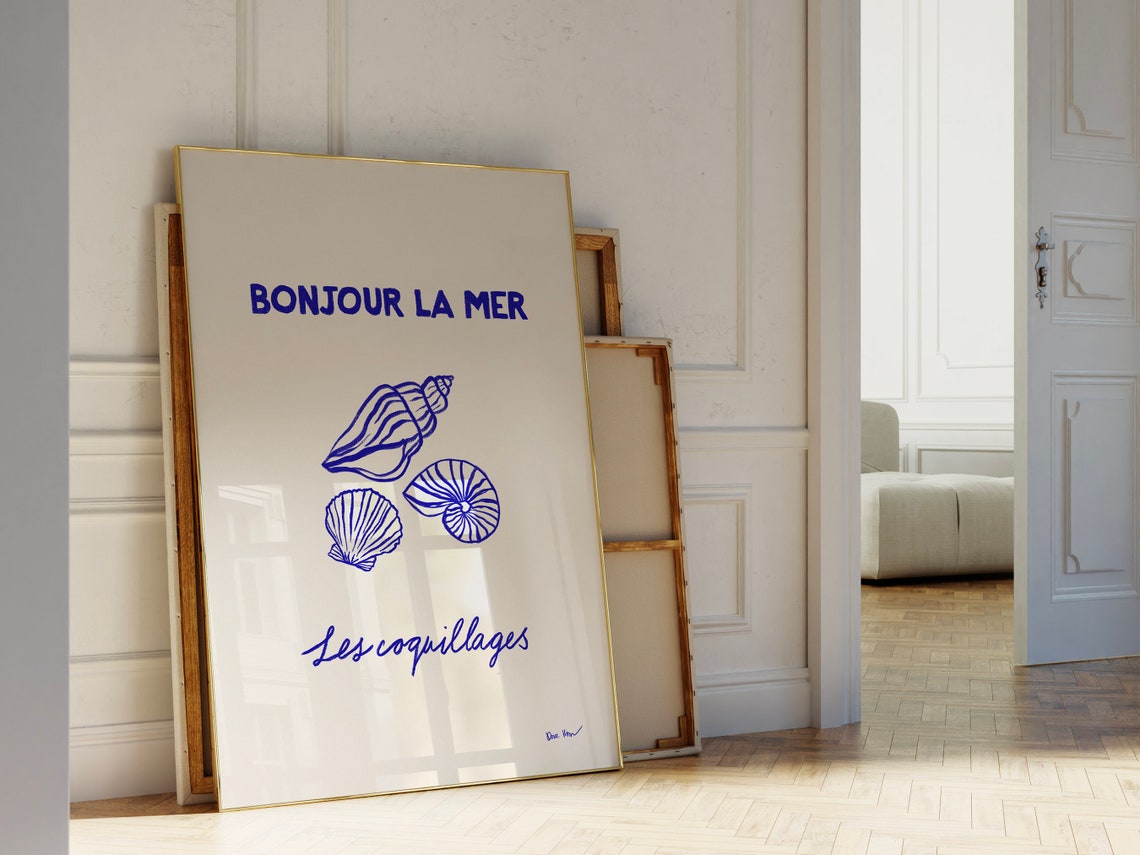 Bonjour La Mer French Seashell Coastal Blue Illustration Poster