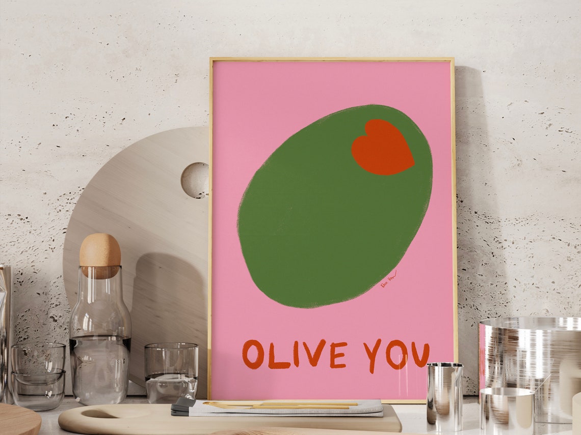 Olive You Fun Food Pun Giant Green Olive Heart Pink Pop Poster - Image 4