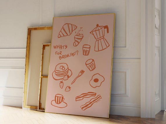 Whats For Breakfast Print Aesthetic Kitchen Poster French Croissant Wall Art Coffee Moka Pot Poster Food Poster Brunch Club Poster