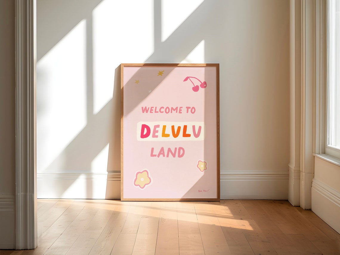 Welcome To Delulu Land Pink Cherry Retro Girly Fun Quote Poster - Image 3