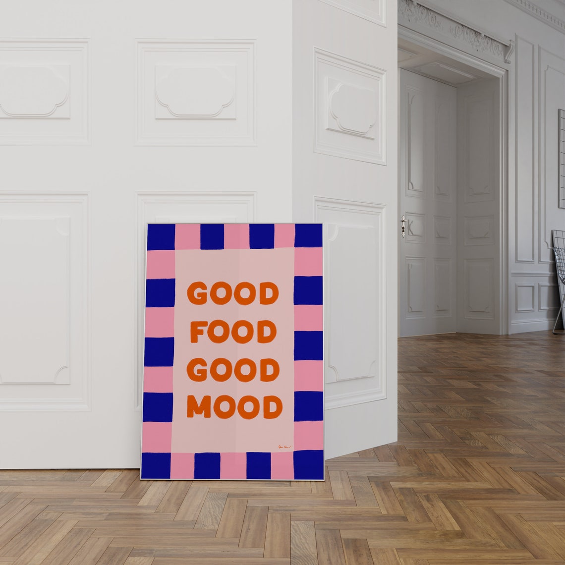 Good Food Good Mood Retro Blue And Pink Checkered Kitchen Poster - Image 3
