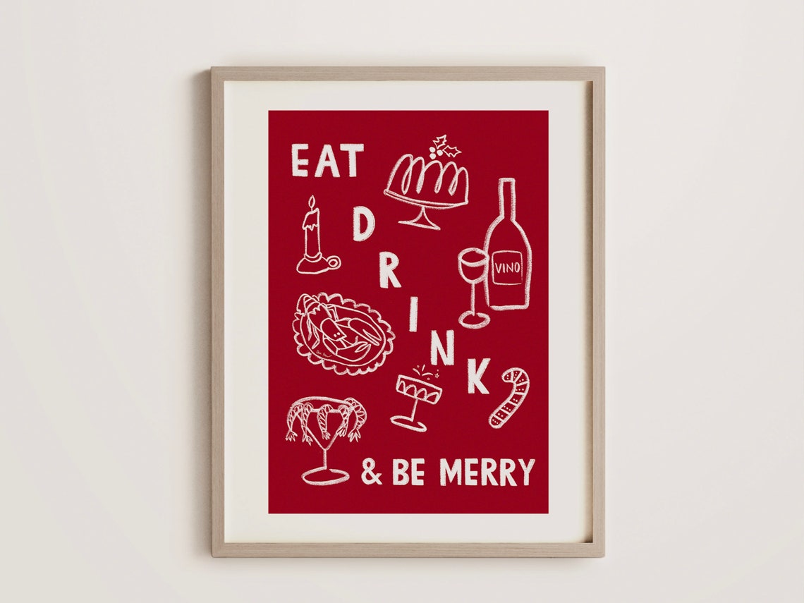 Festive Eat Drink And Be Merry Red Christmas Dinner Party Poster - Image 2