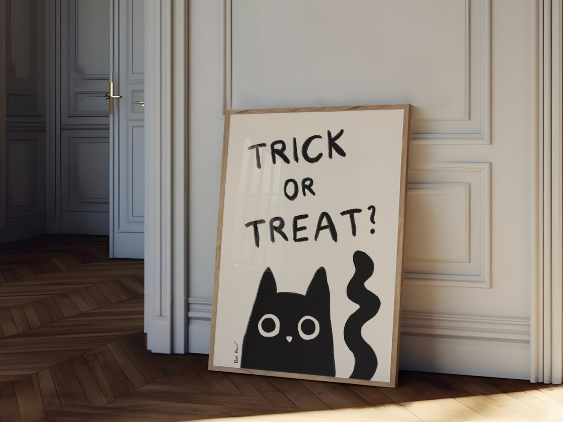 Trick Or Treat Black Cat Cute Halloween Typography Art Poster