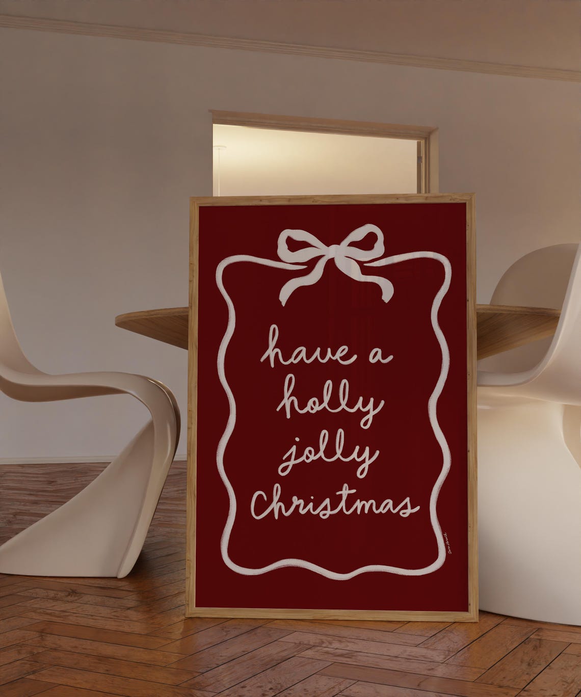 Holly Jolly Christmas Hand Lettered Cream Bow Red Quote Poster - Image 2