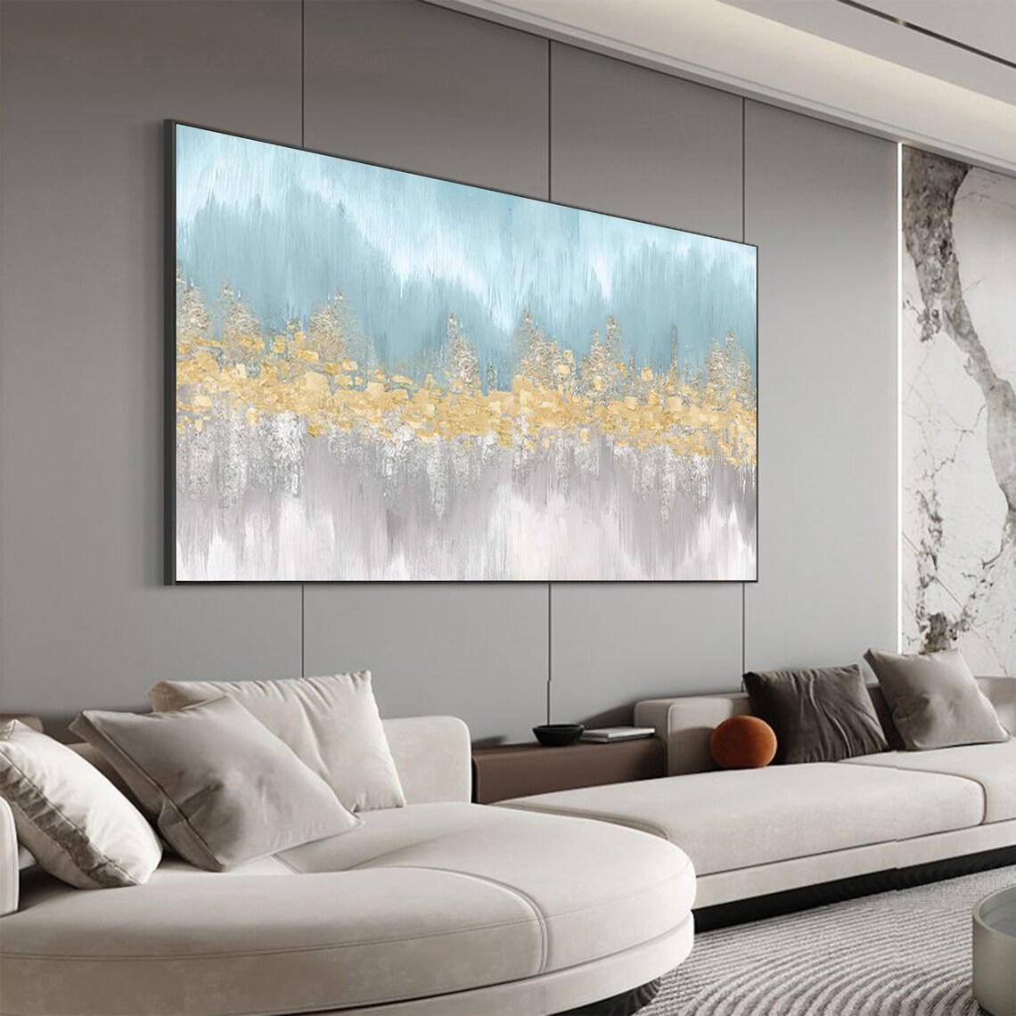 Gold Glitter Horizon Over Pale Blue Minimalist Oil Painting Art Print - Image 5