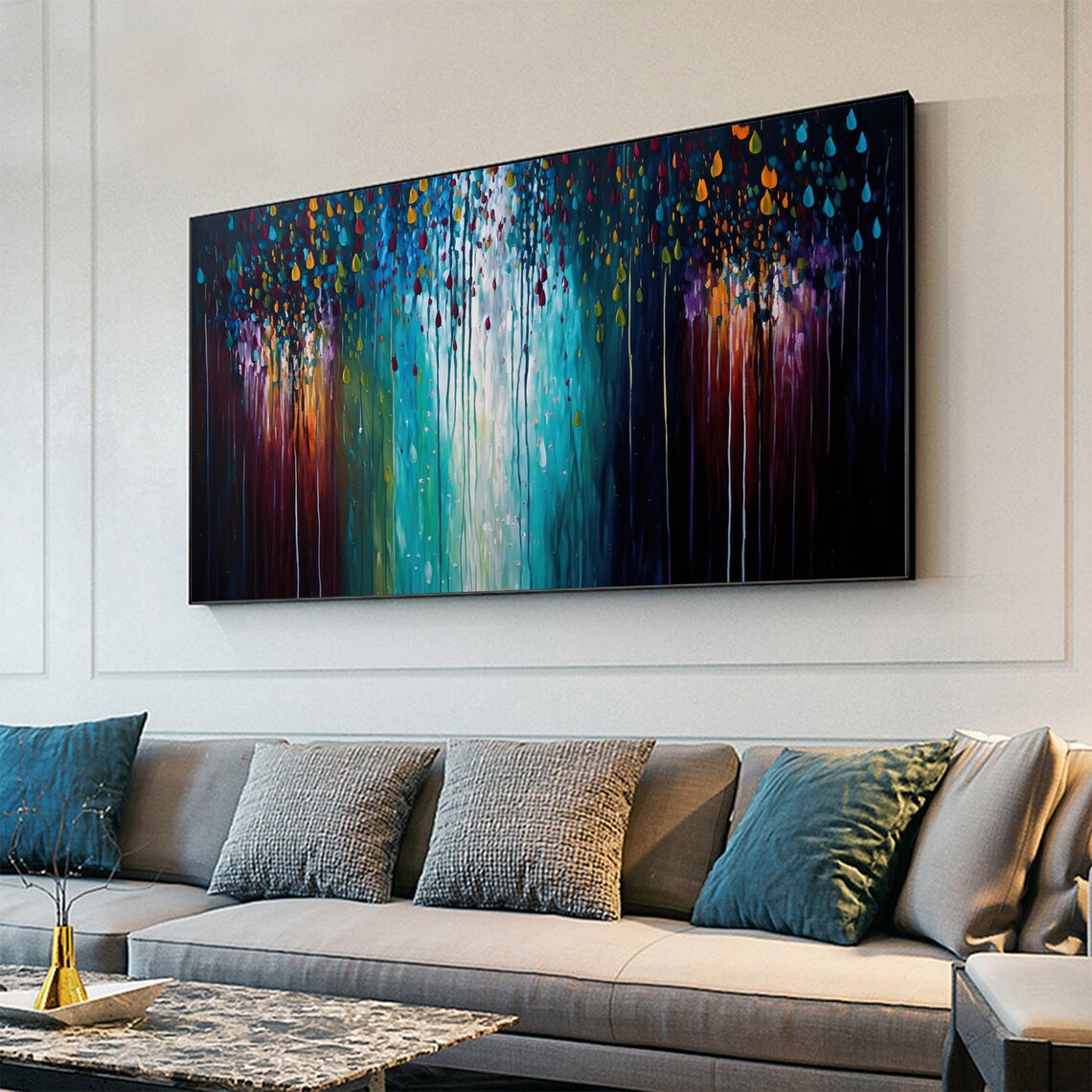 Colorful Falling Rain Abstract Panoramic Oil Painting Art Print - Image 4