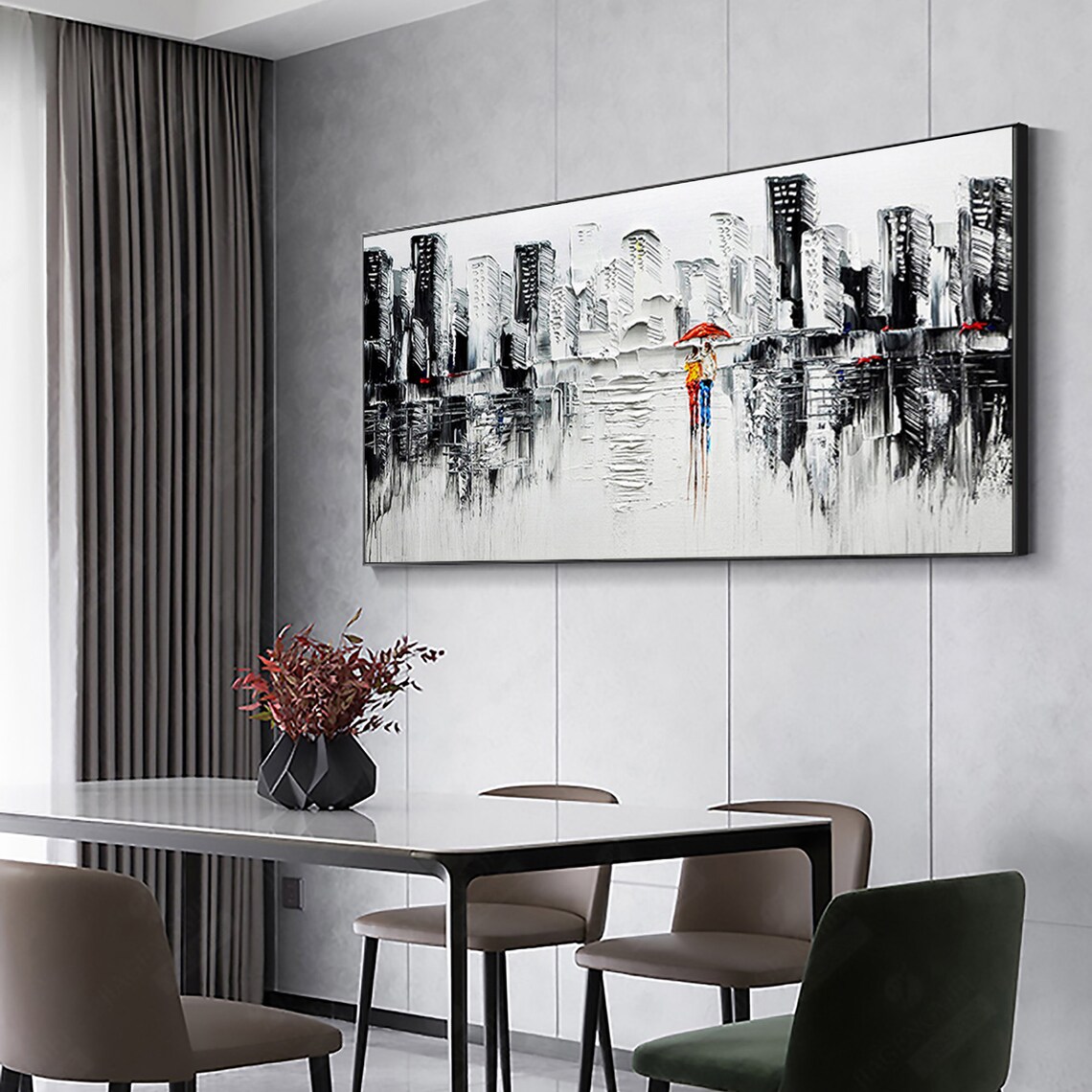 Large Abstract City Textured Oil Painting On Romantic Couple Modern Urban Landscape Wall Art Black Painting Living Room Home Decor - Image 4