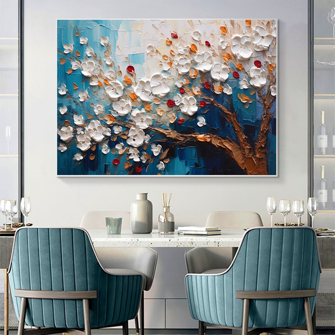 White Blossom Tree Impasto on Deep Blue Night Oil Painting Art Print - Image 4