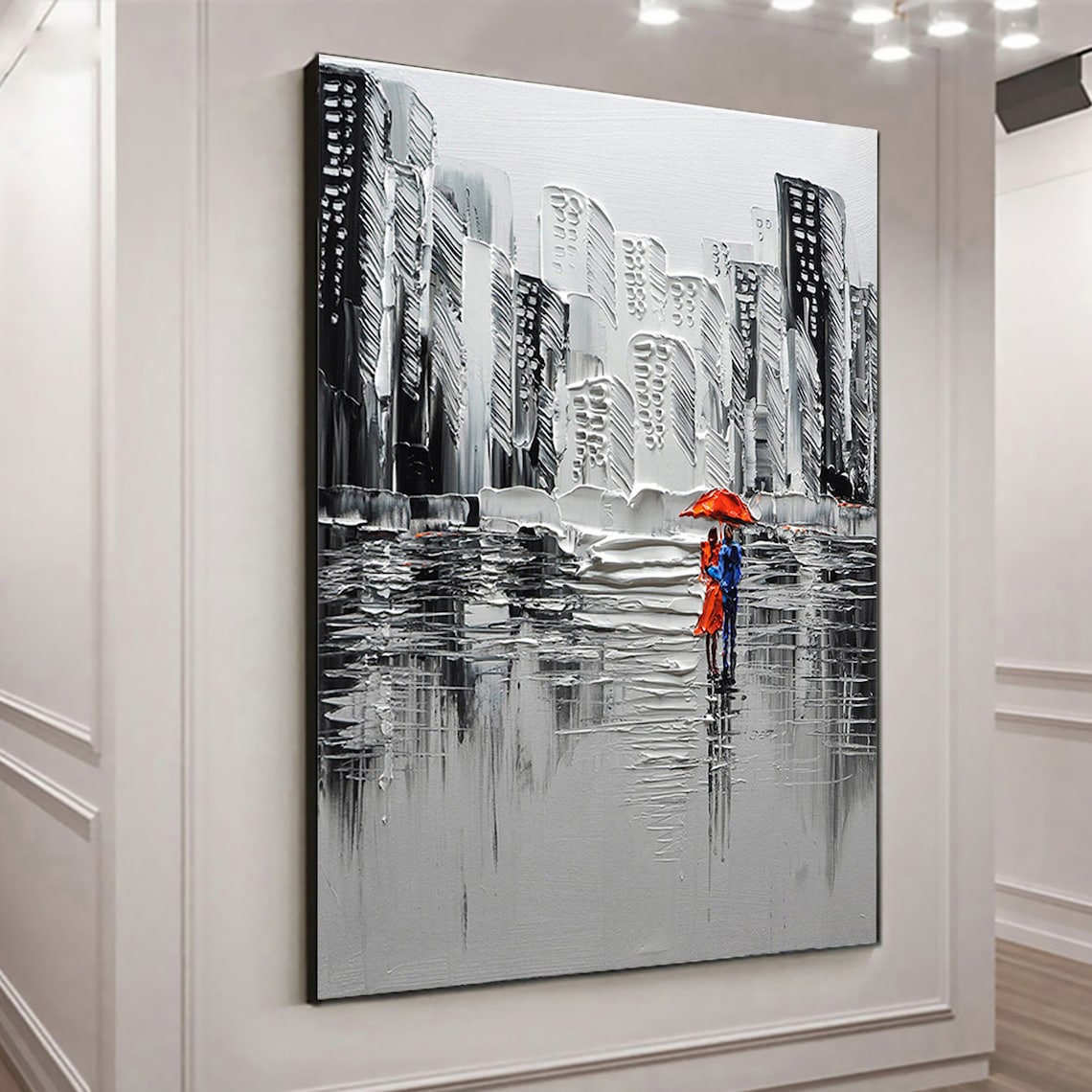 Large Abstract City Landscape Oil Painting On Romantic Couple Textured Modern Urban Wall Art Black Painting Living Room Home Decor - Image 4