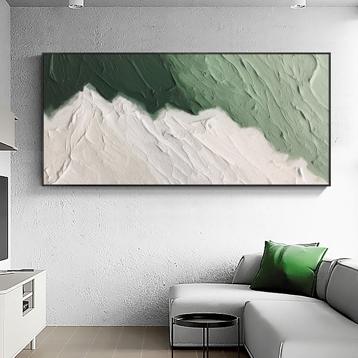 Emerald and White Abstract Wave Texture Minimalist Oil Poster - Image 3