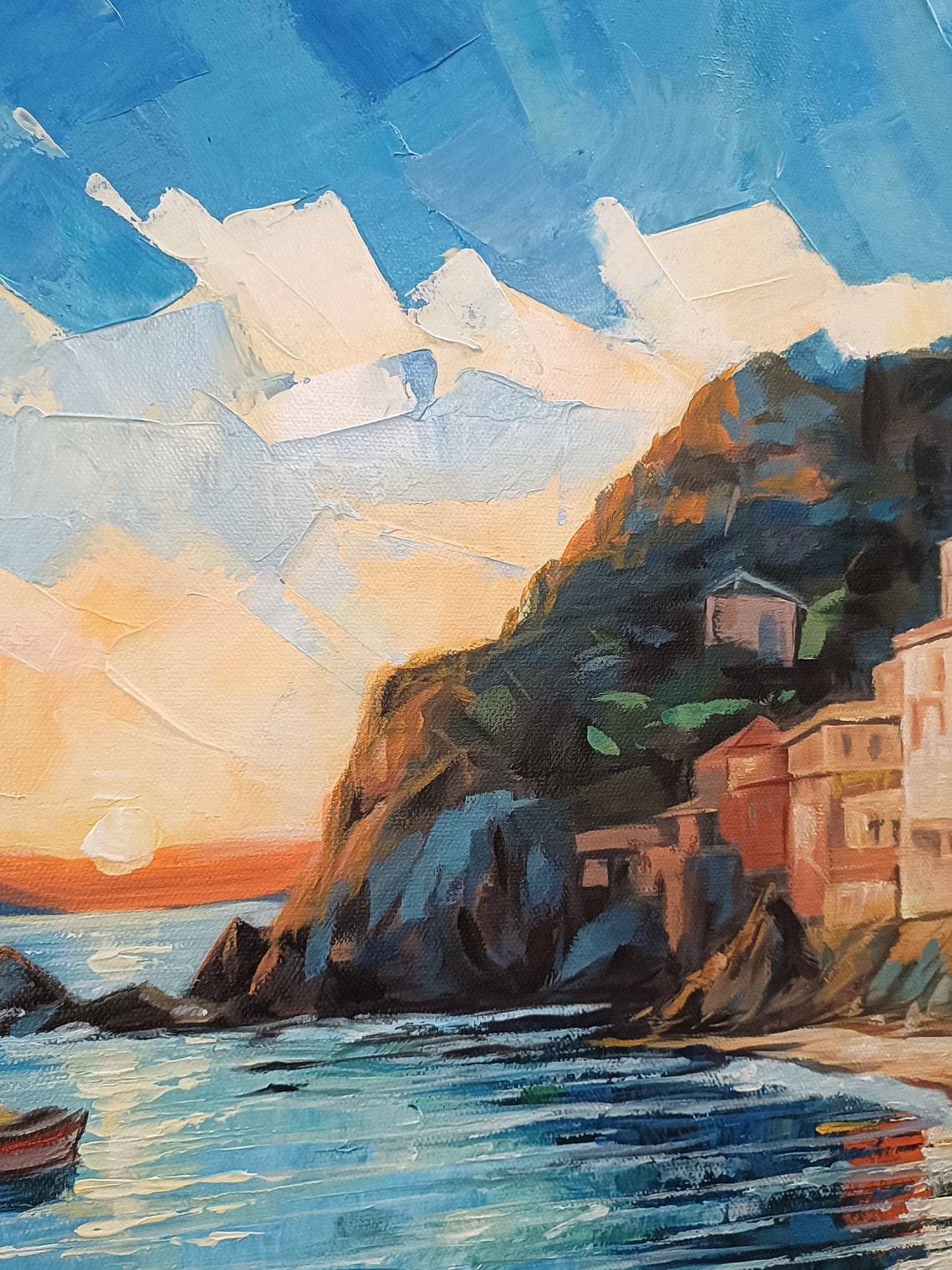 Mediterranean Sunset Cliffside Village Boat Reflections Poster - Image 4