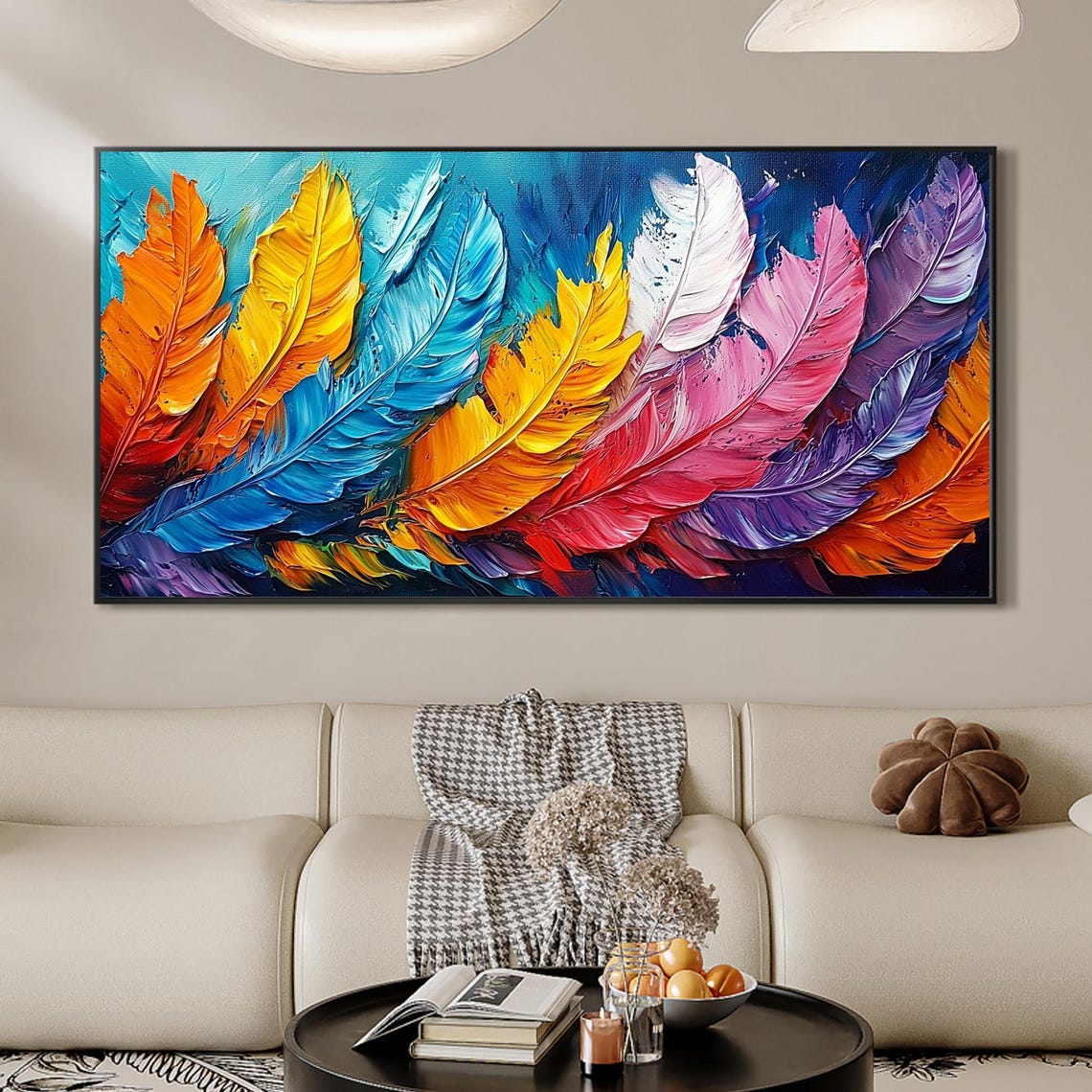 Vivid Rainbow Feather Collage Panoramic Oil Painting Art Print