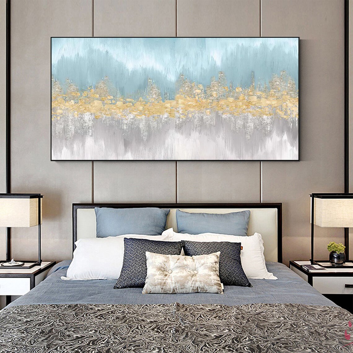 Gold Glitter Horizon Over Pale Blue Minimalist Oil Painting Art Print - Image 2