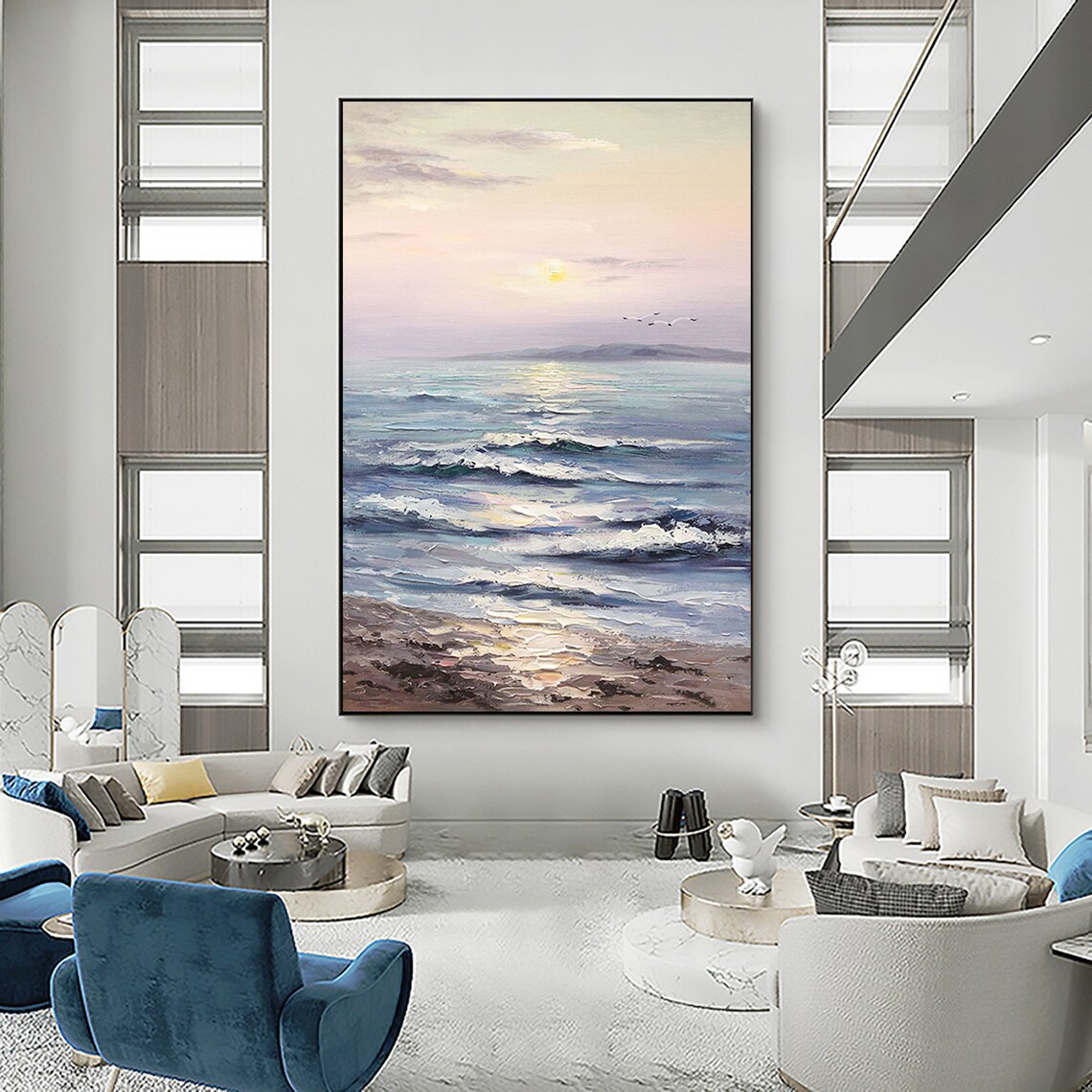 Pastel Ocean Sunset Rolling Waves Vertical Oil Painting Art Print - Image 2