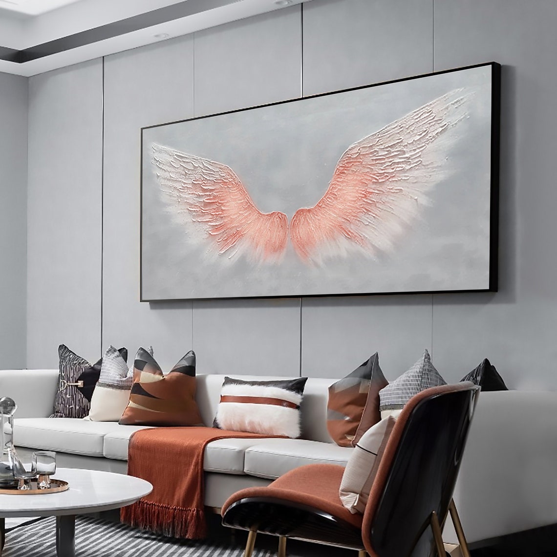 Blush Pink Angel Wings Grey Textured Minimalist Heavenly Poster - Image 6