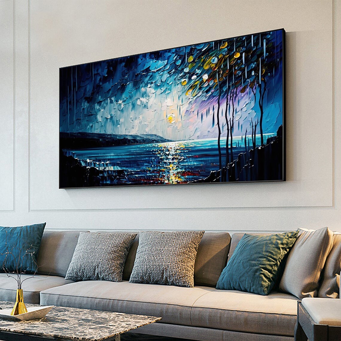 Moonlit Ocean Night with Willow Branches Oil Painting Art Print - Image 3