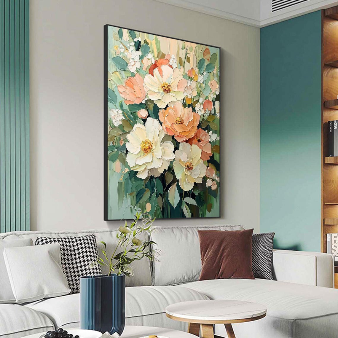Soft Peach White Peony Blossoms Vertical Oil Painting Art Print - Image 6