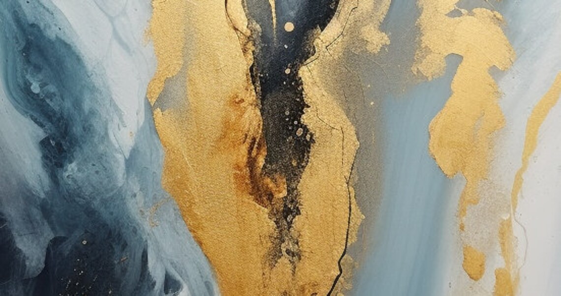Blue Gray Gold Vein Marble Abstract Vertical Oil Painting Art Print - Image 2