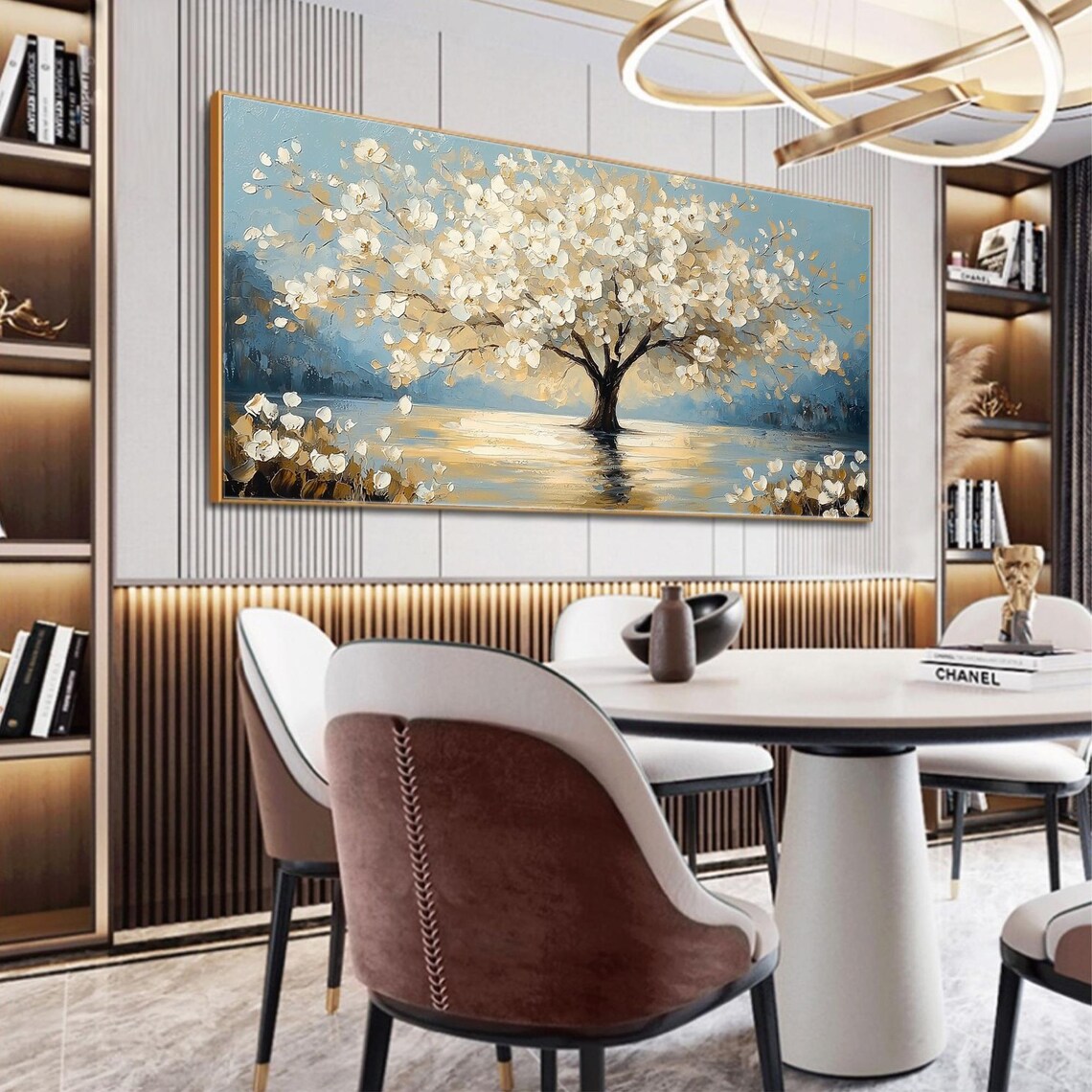 White Blossom Tree by Golden Lake Panoramic Oil Painting Art Print - Image 4
