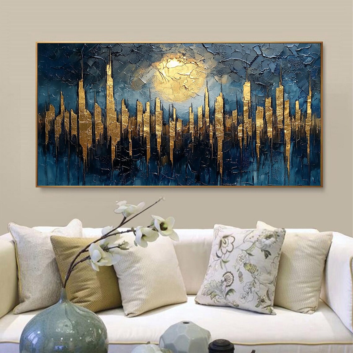 Golden City Skyline Beneath a Glowing Moon on Navy Night Poster - Image 2
