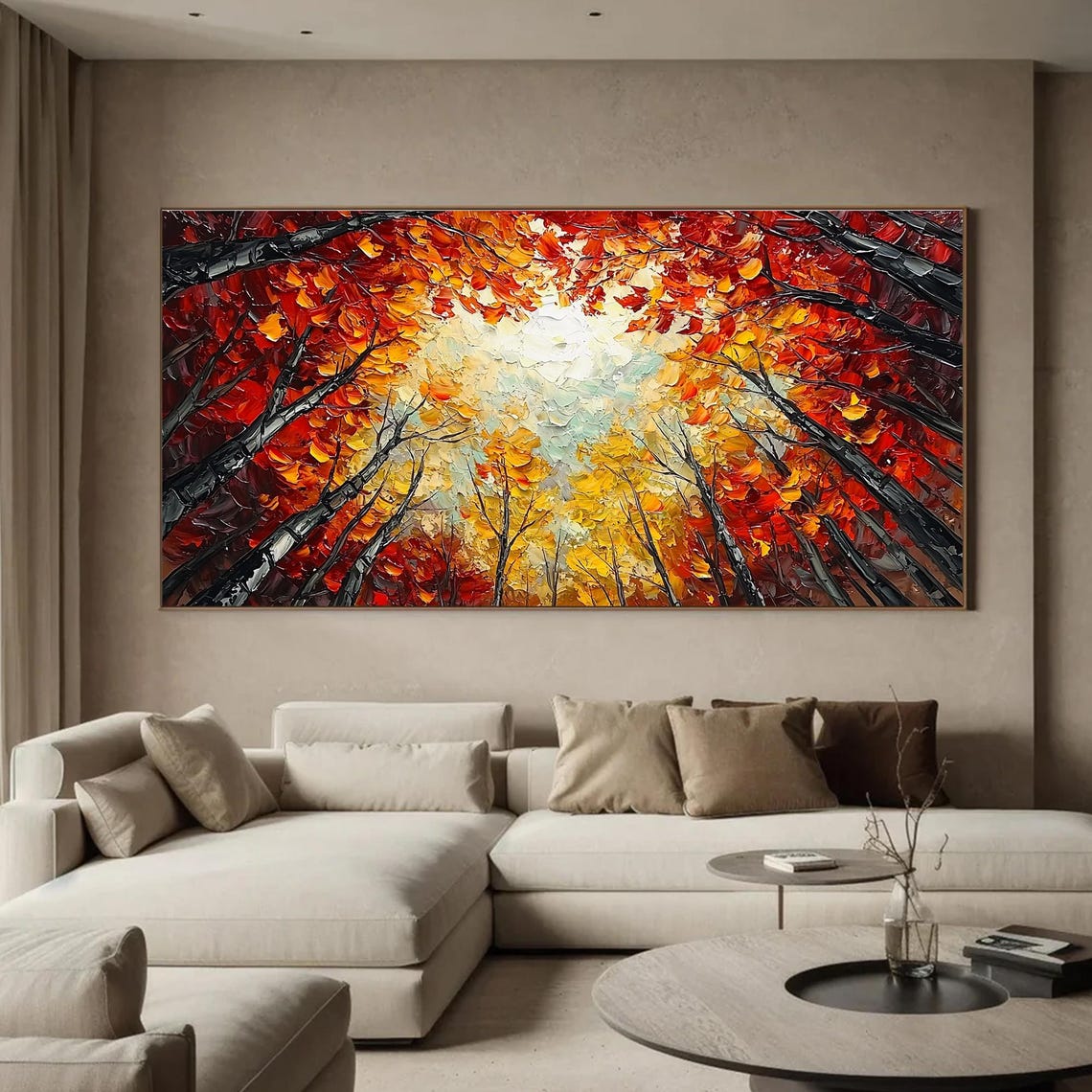Autumn Forest Canopy Looking Up Red and Gold Trees Oil Poster