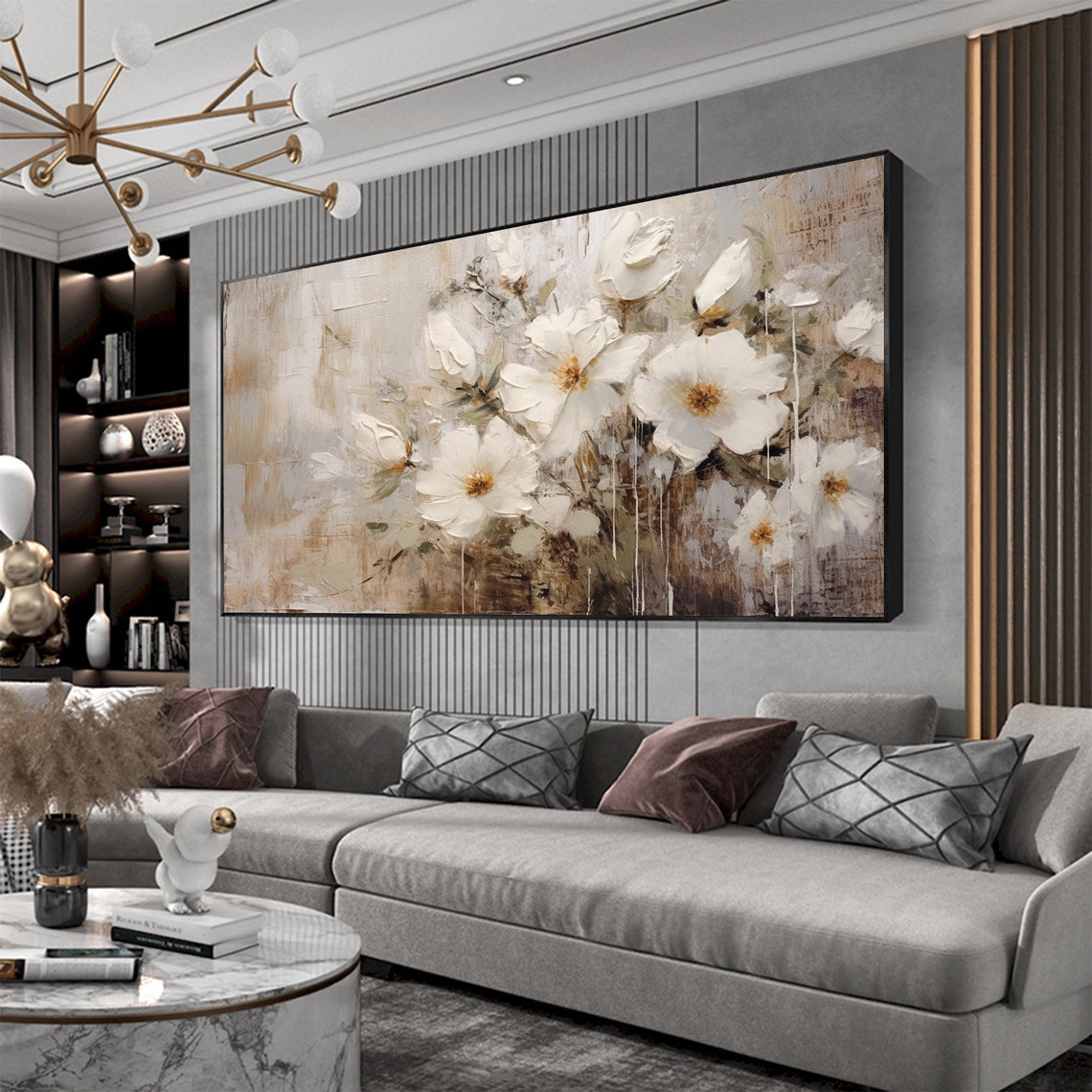 Soft White Blossoms on Beige Panoramic Oil Painting Art Print - Image 3