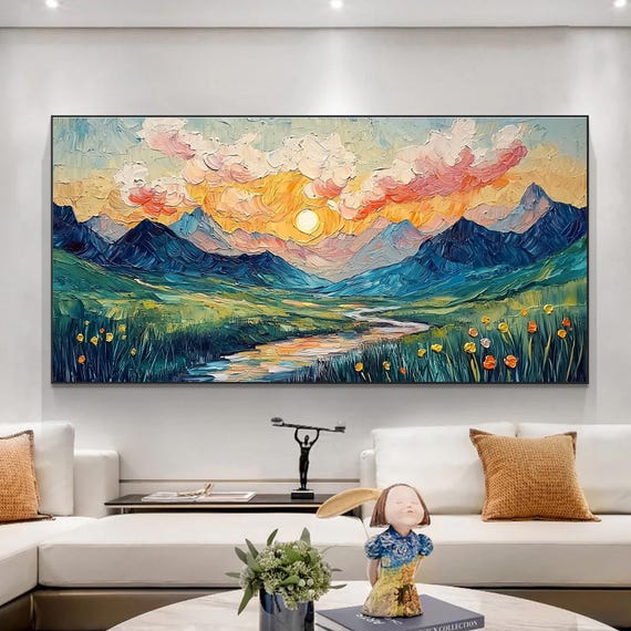 Original Mountain Scenery Oil Painting On Large Wall Art Abstract Sunset Landscape Art Custom Minimalist Living Room Home Decor
