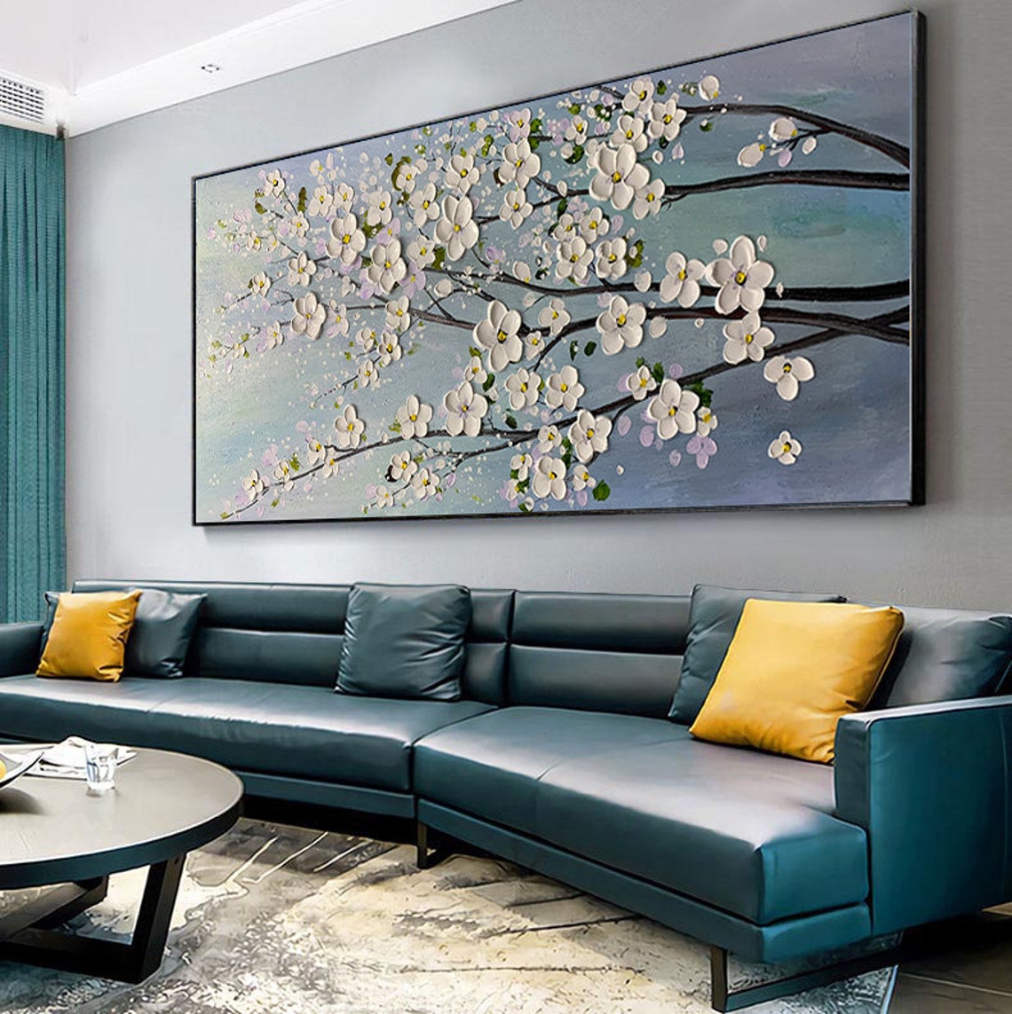 White Spring Blossoms Opening on Dark Branches Over Teal Poster - Image 4