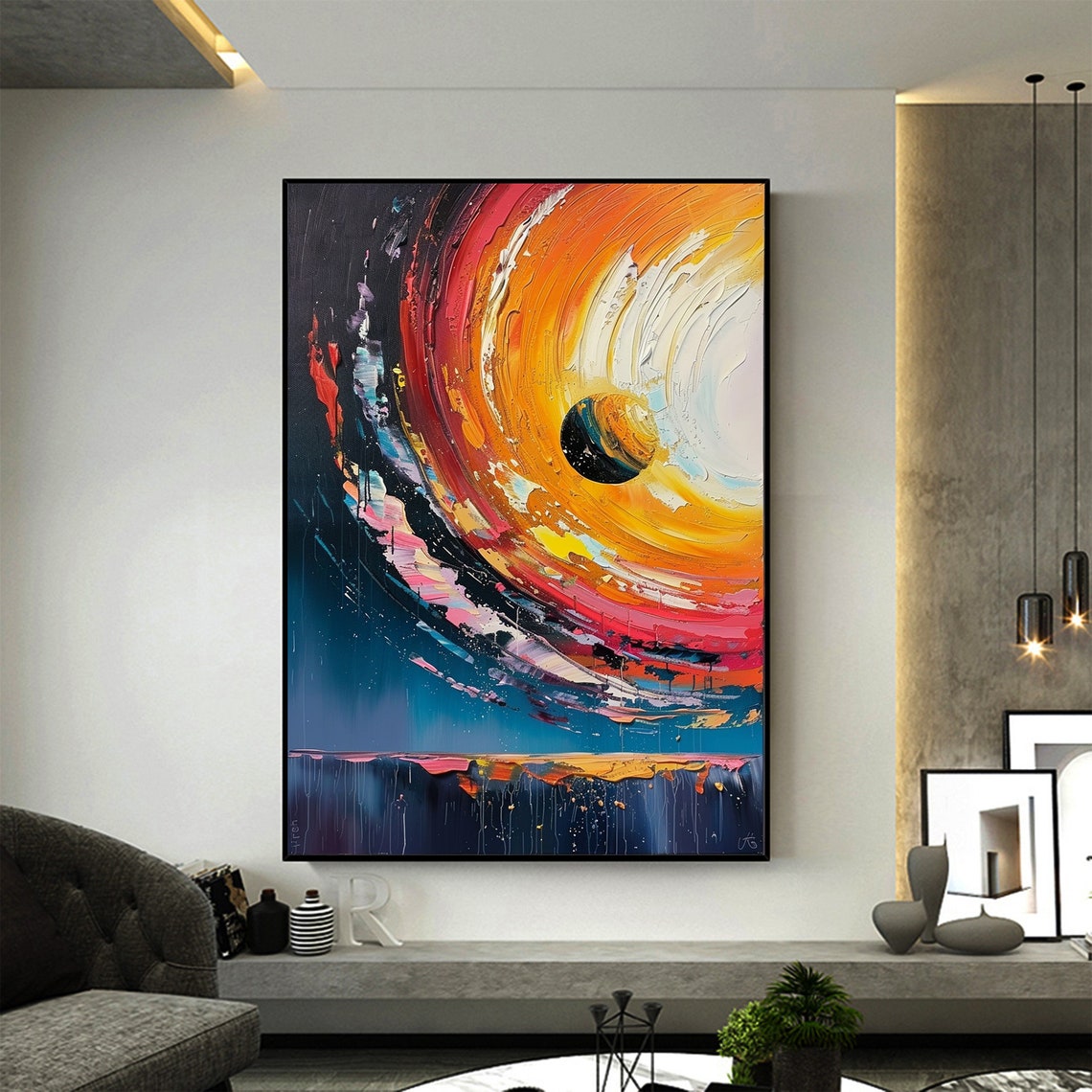 Colorful Swirling Cosmic Sunset Vertical Oil Painting Art Print