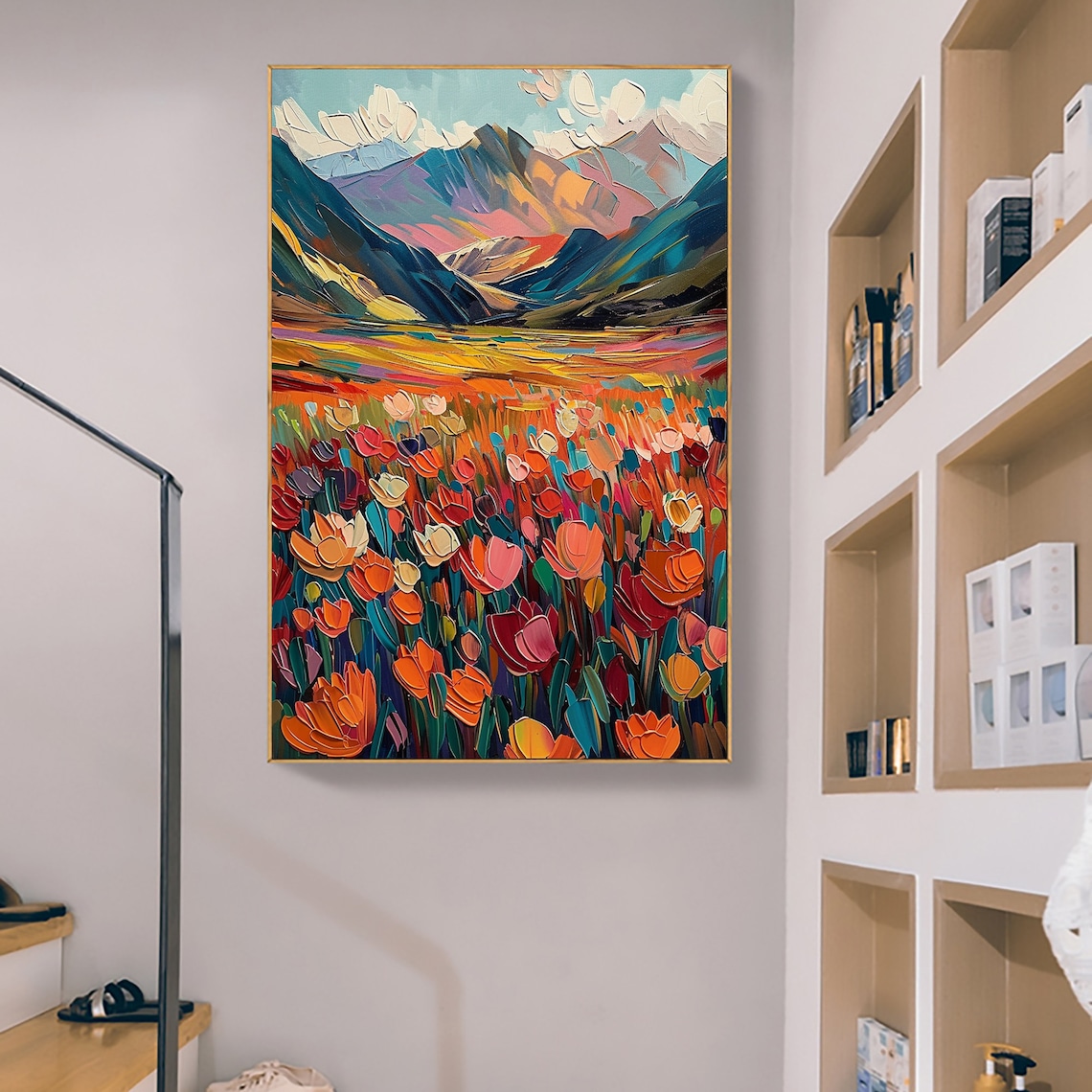 Colorful Tulip Meadow Blooming Before Majestic Mountain Peaks Poster - Image 5