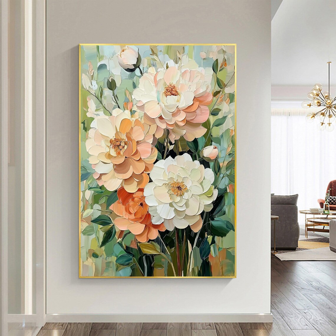 Peach White Peony Stems Garden Vertical Oil Painting Art Print - Image 6