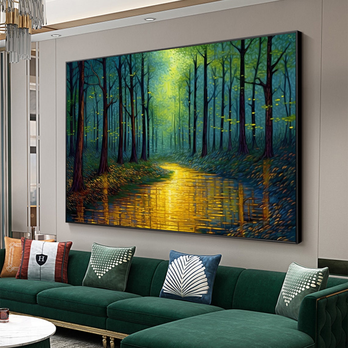 Golden River Through Dark Forest Glowing Impressionist Poster - Image 3