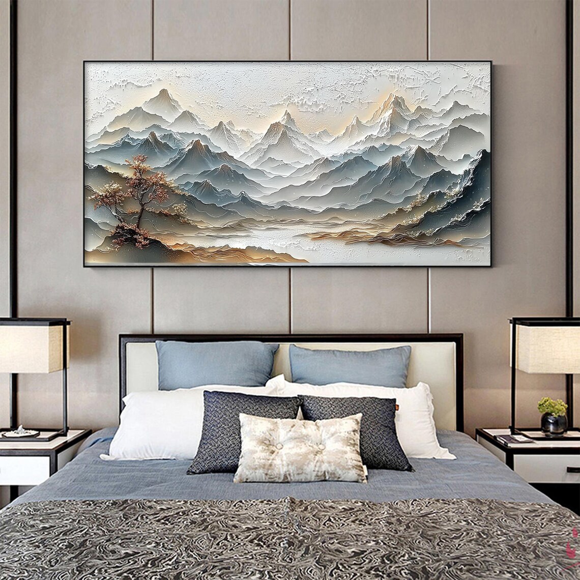 Serene White Relief Mountain Range in East Asian Style Poster - Image 6