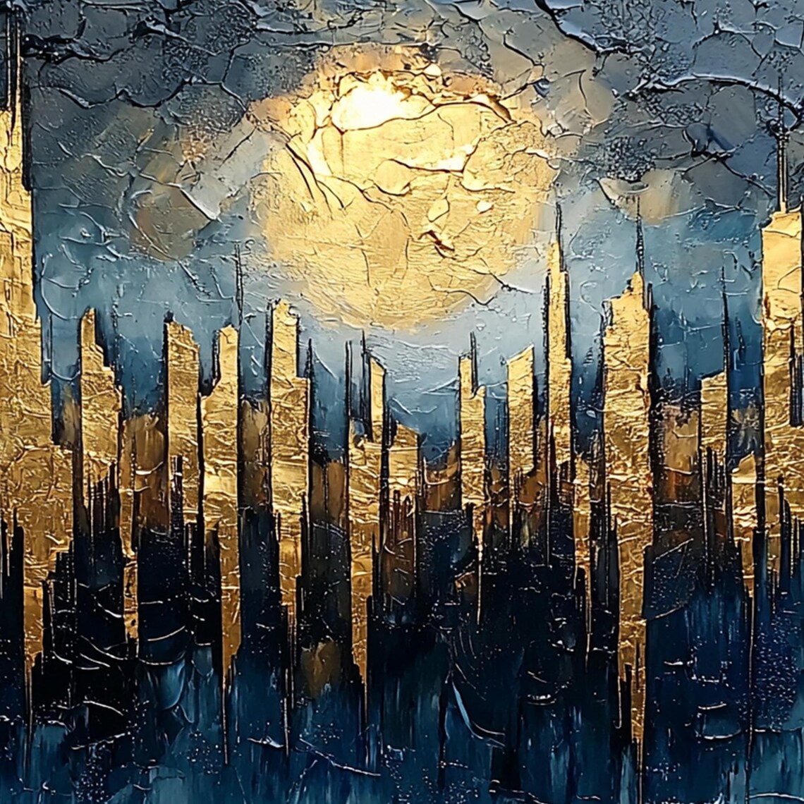 Golden City Skyline Beneath a Glowing Moon on Navy Night Poster - Image 4