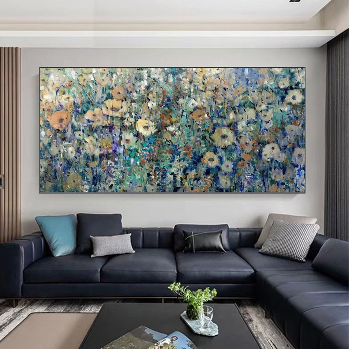 Muted Spring Wildflower Meadow Panoramic Oil Painting Art Print - Image 3