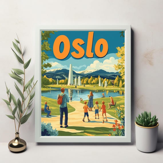 Explore Oslo A Vintage Retro Illustration Of Family Fun By The Lake With Abstract Sculptures And Scenic Mountains