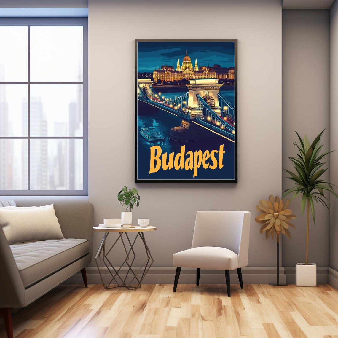 Budapest Travel Poster, Chain Bridge And Parliament - Image 3