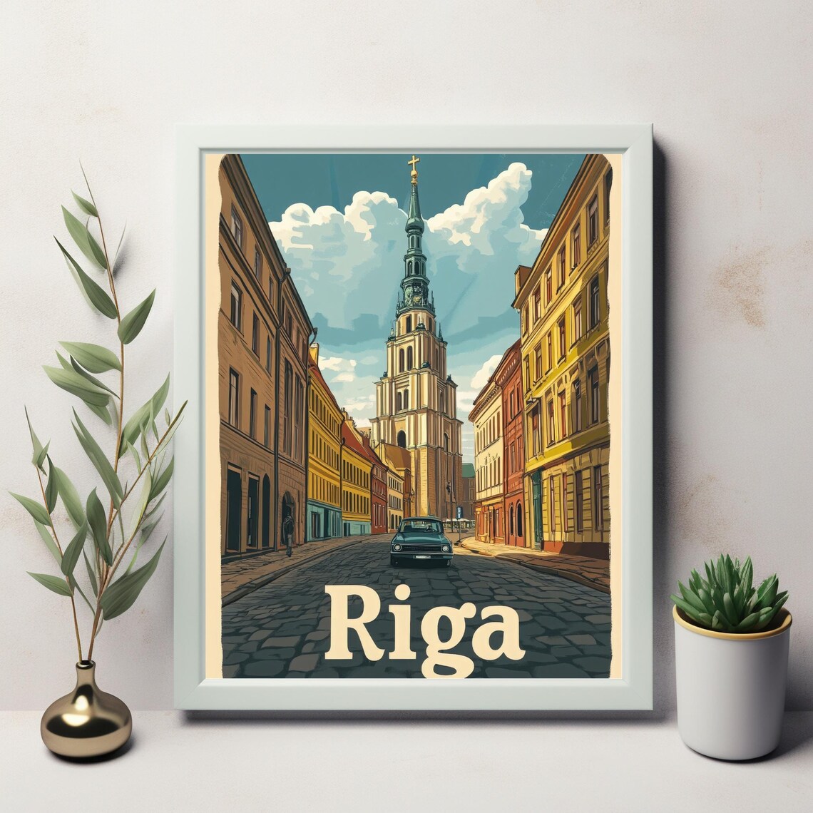 Vintage Riga St Peter's Tower Cobblestone Street Travel Poster