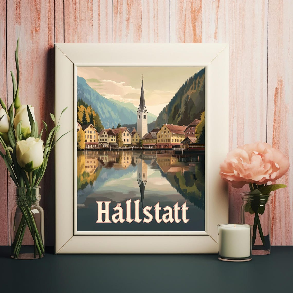 Vintage Illustrated Landscape Of Hallstatt With Charming Architecture And Serene Lake Reflections