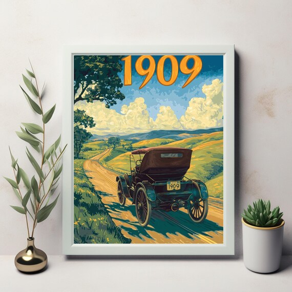 1909 Classic Automobile Cruising Winding Country Road Hillside Scene Poster