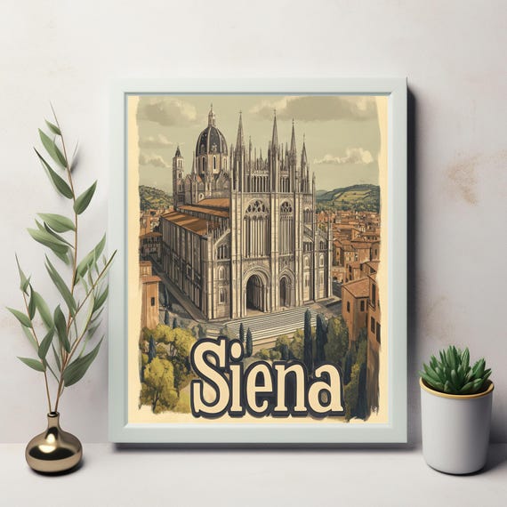 Serene Siena Cathedral A Vintage Inspired Art Print Of Italys Gothic Masterpiece With Rolling Hills And Quaint Town